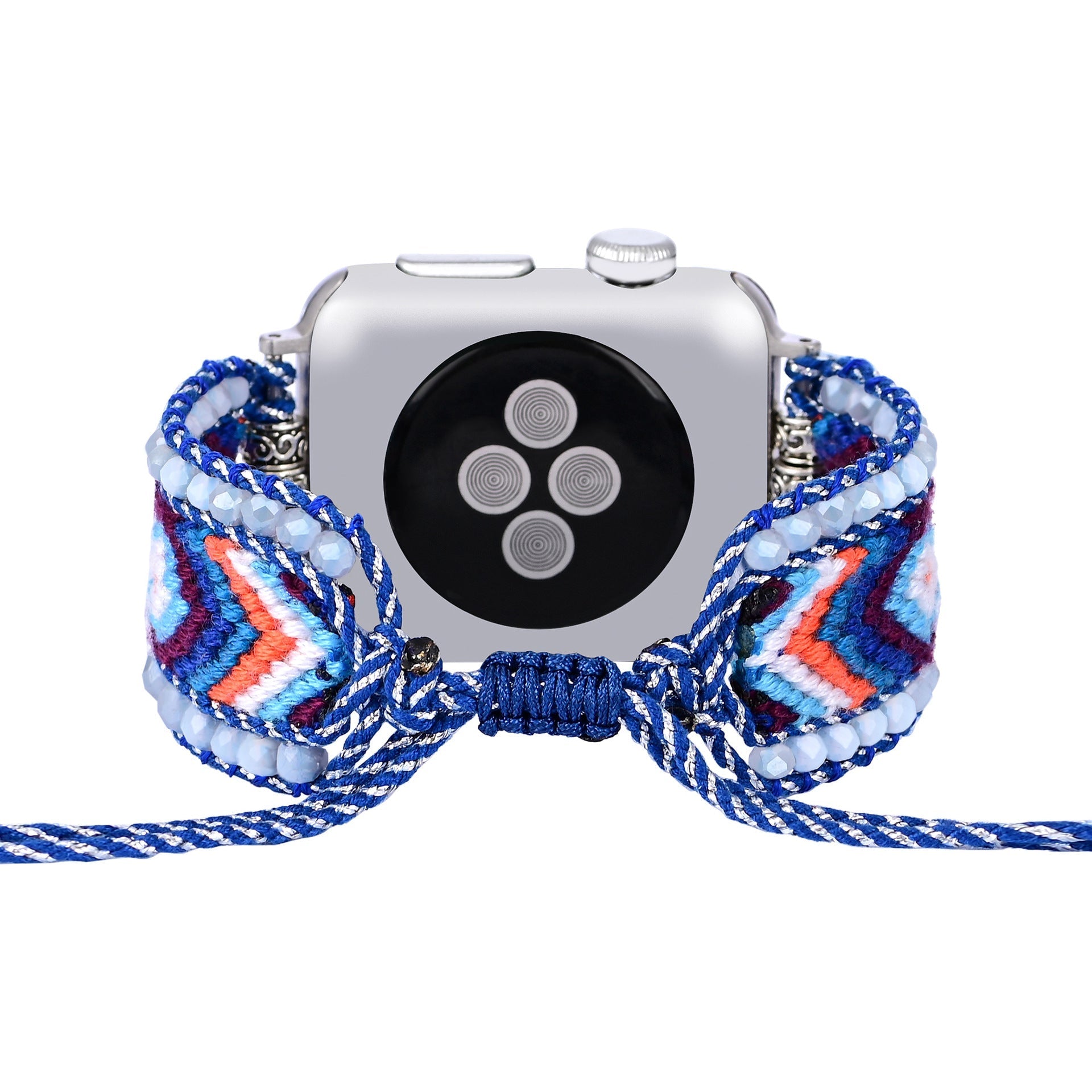 Bracelet Apple Watch en nylon bleu à motif chevron avec finition cristal, modèle Alix, pour femme.
