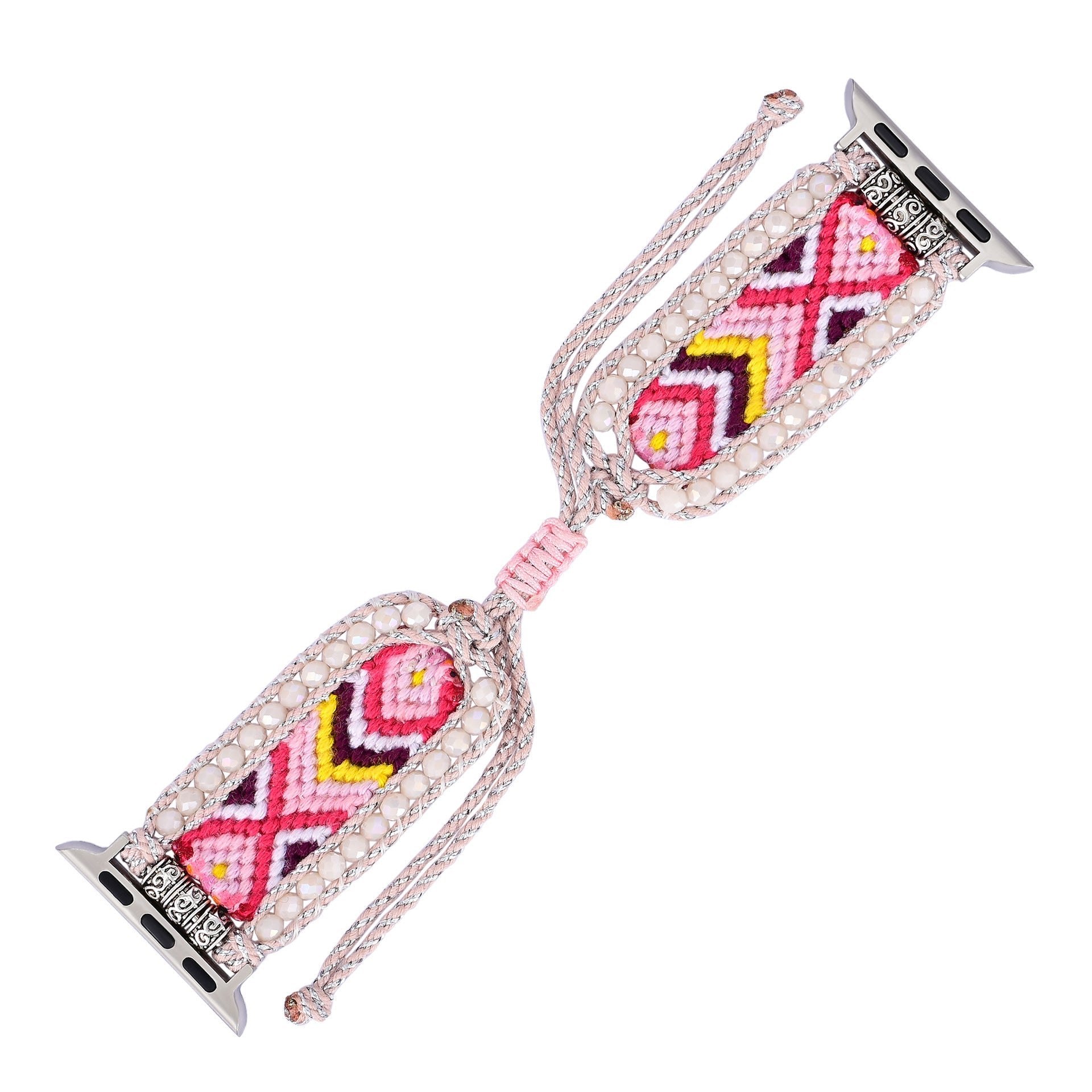 Bracelet Apple Watch en nylon rose avec motif géométrique coloré et bordure en cristal scintillant.