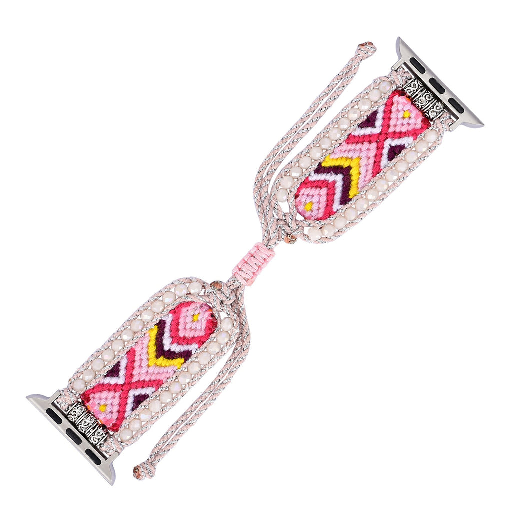 Bracelet Apple Watch en nylon rose avec motif géométrique coloré et bordure en cristal scintillant.