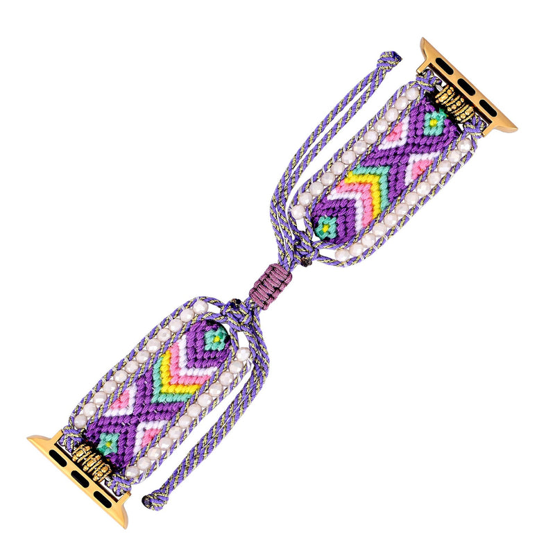 Bracelet Apple Watch femme en nylon violet avec motif géométrique coloré et attaches dorées.