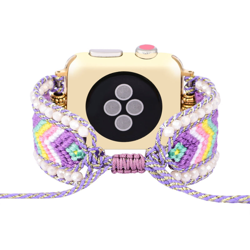 Bracelet Apple Watch en nylon violet orné de cristaux avec motif tissé multicolore et fermoir coulissant.