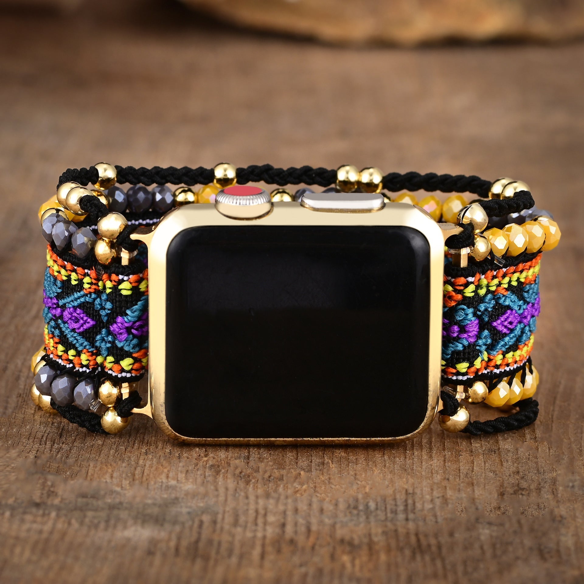 Bracelet Apple Watch violet en nylon tissé avec perles dorées et cristaux pour femme.