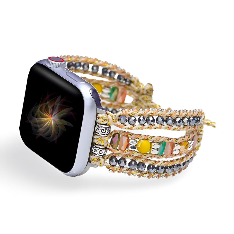 Bracelet Apple Watch pour femme en nylon multicolore avec cristaux et perles décoratives fines.