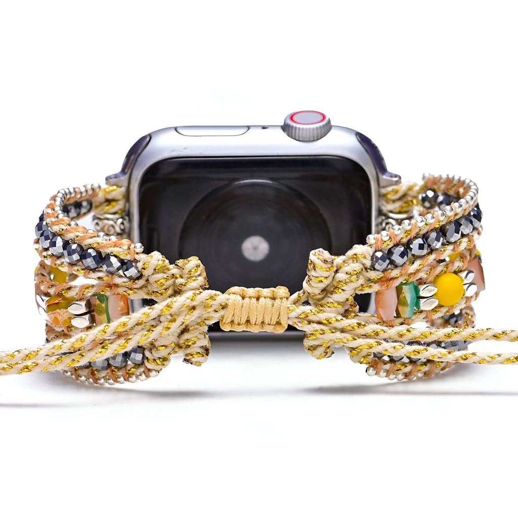Bracelet Apple Watch multicolore en nylon tressé avec perles cristal et fermoir ajustable pour femme.