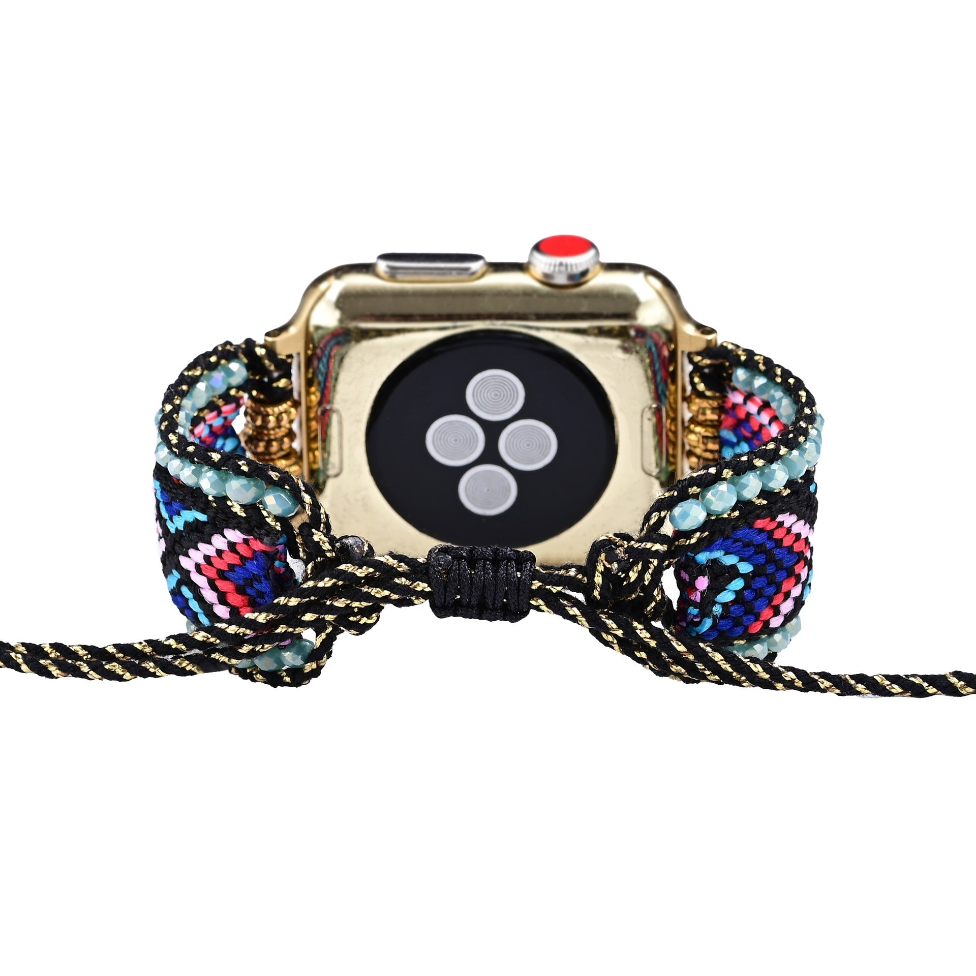Bracelet Apple Watch femme Nyra en nylon noir avec cristaux multicolores et fermeture réglable.