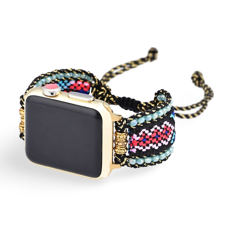 Bracelet Apple Watch femme en nylon tissé multicolore avec détails en cristal noirs et fermoir coulissant.