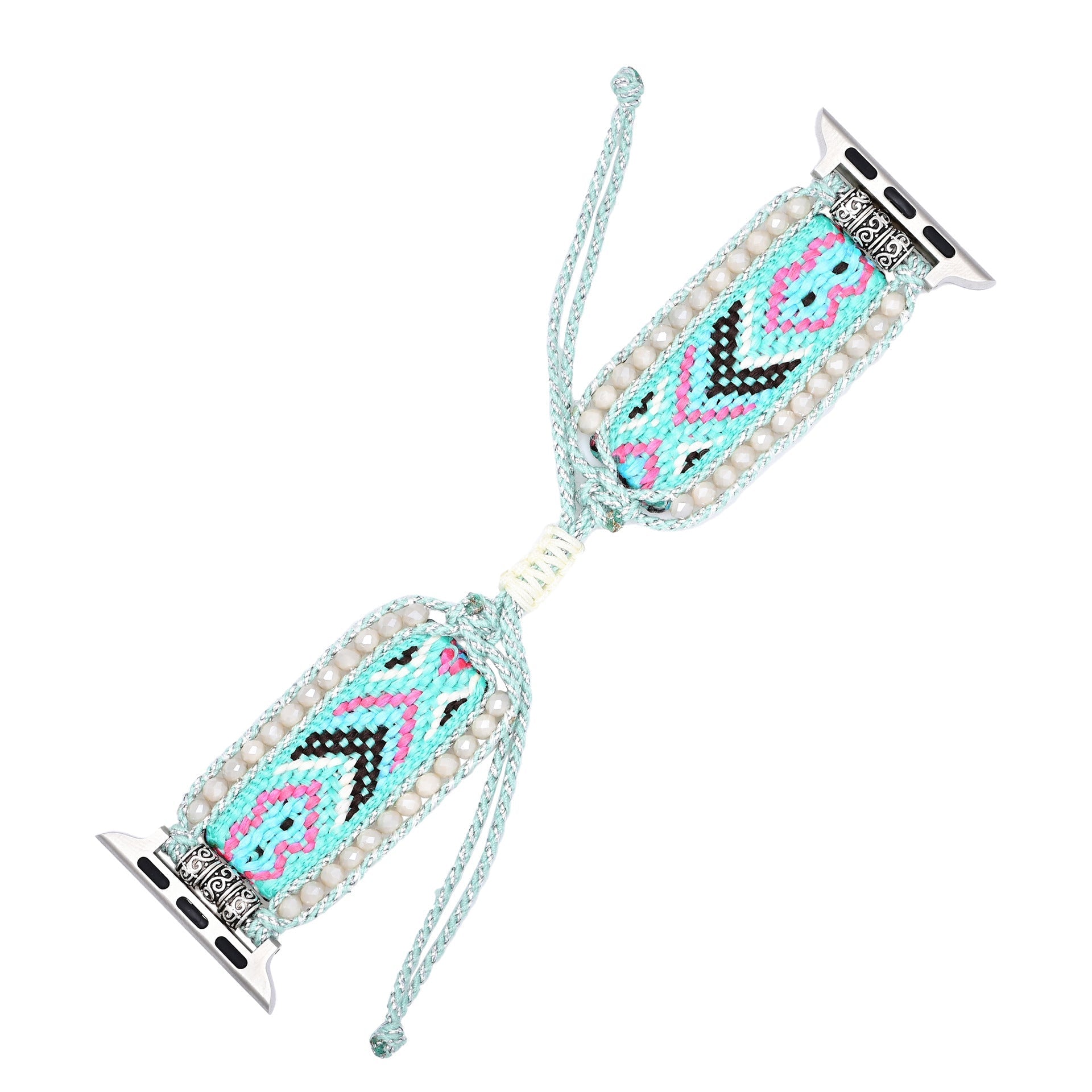 Bracelet Apple Watch en nylon bleu avec motifs géométriques rose, blanc et noir, fermoirs en métal argenté.