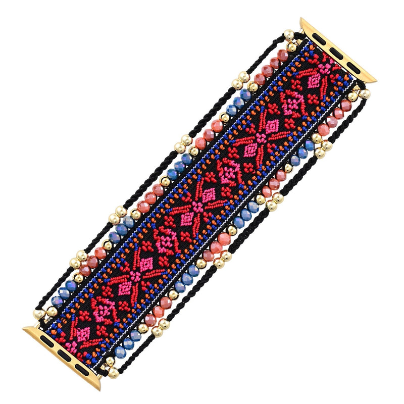 Bracelet Apple Watch rouge en nylon tissé avec perles et cristaux, attaches dorées, modèle femme Ozara.
