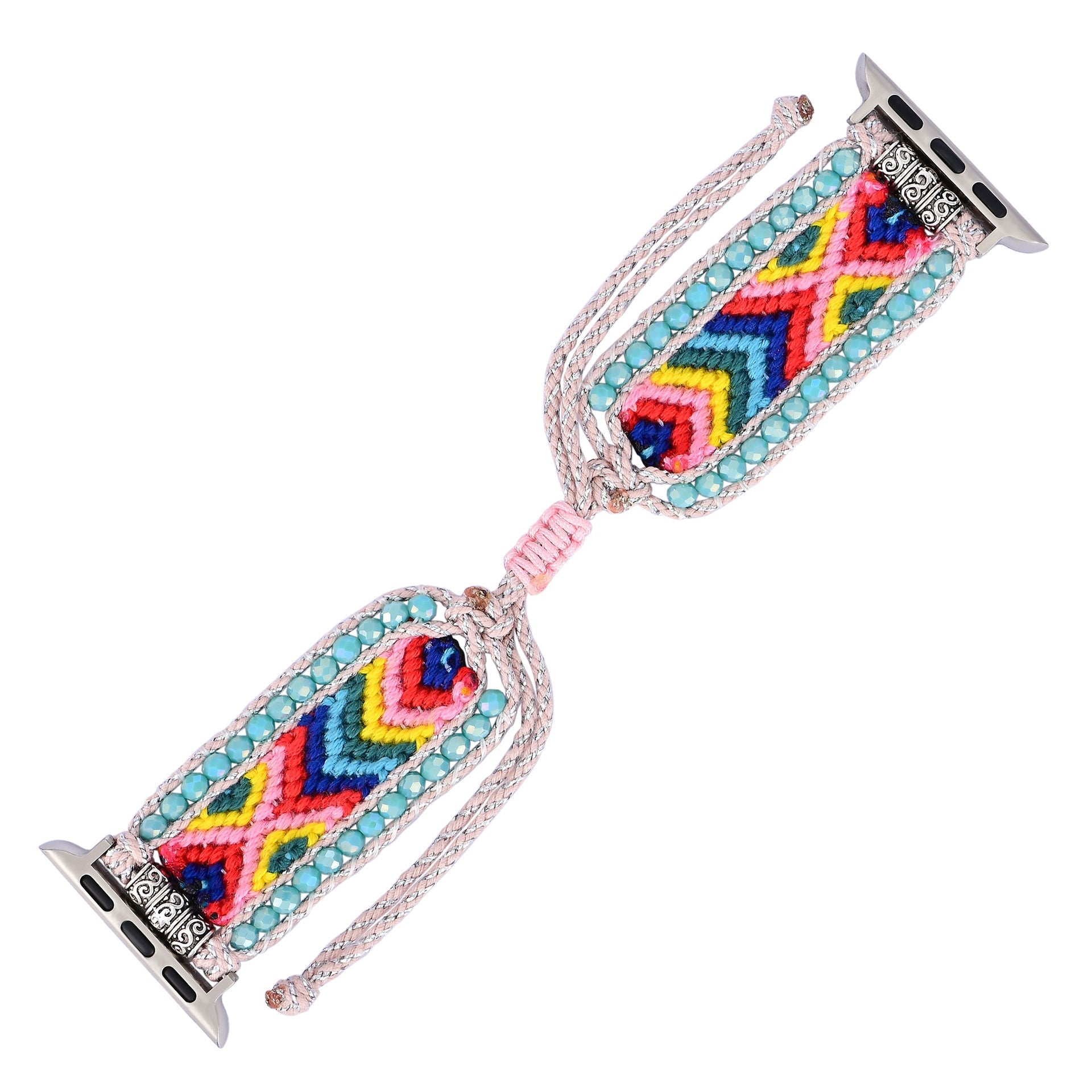 Bracelet Apple Watch en nylon multicolore avec perles de cristal, style tissé bohème.