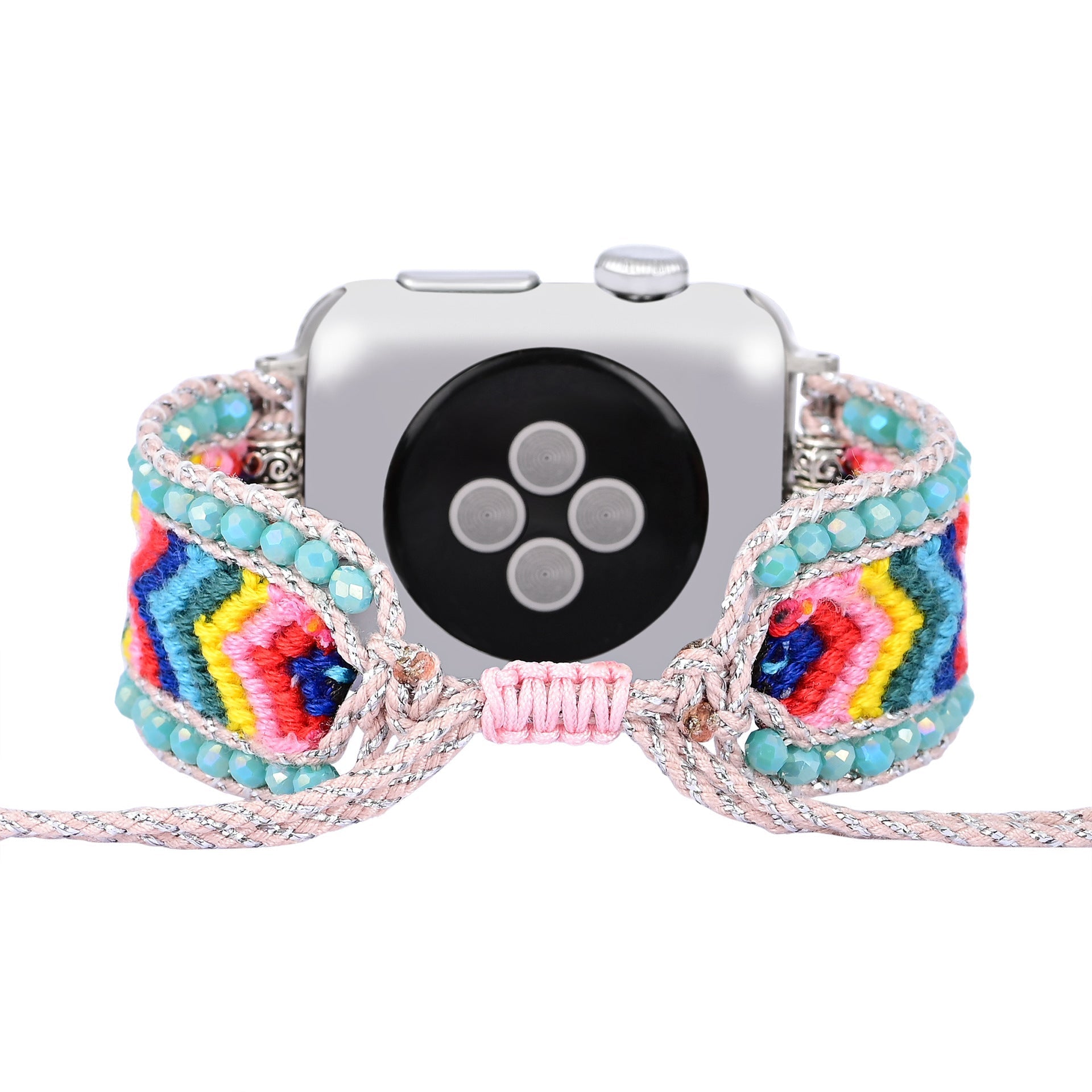 Bracelet Apple Watch en nylon multicolore avec cristaux et perles turquoise, motifs géométriques colorés.