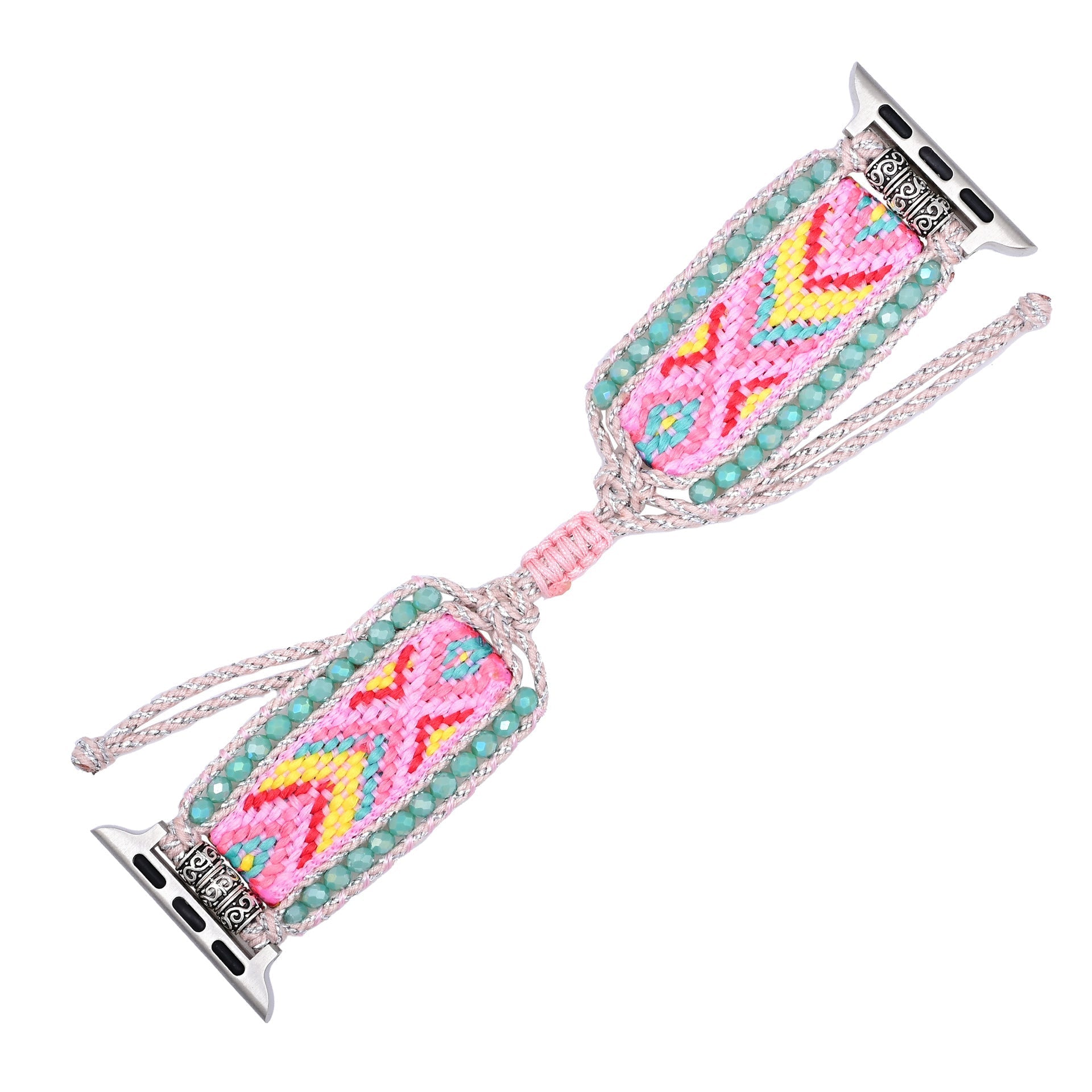 Bracelet Apple Watch femme en nylon rose et cristal, motif coloré géométrique, attaches argentées.
