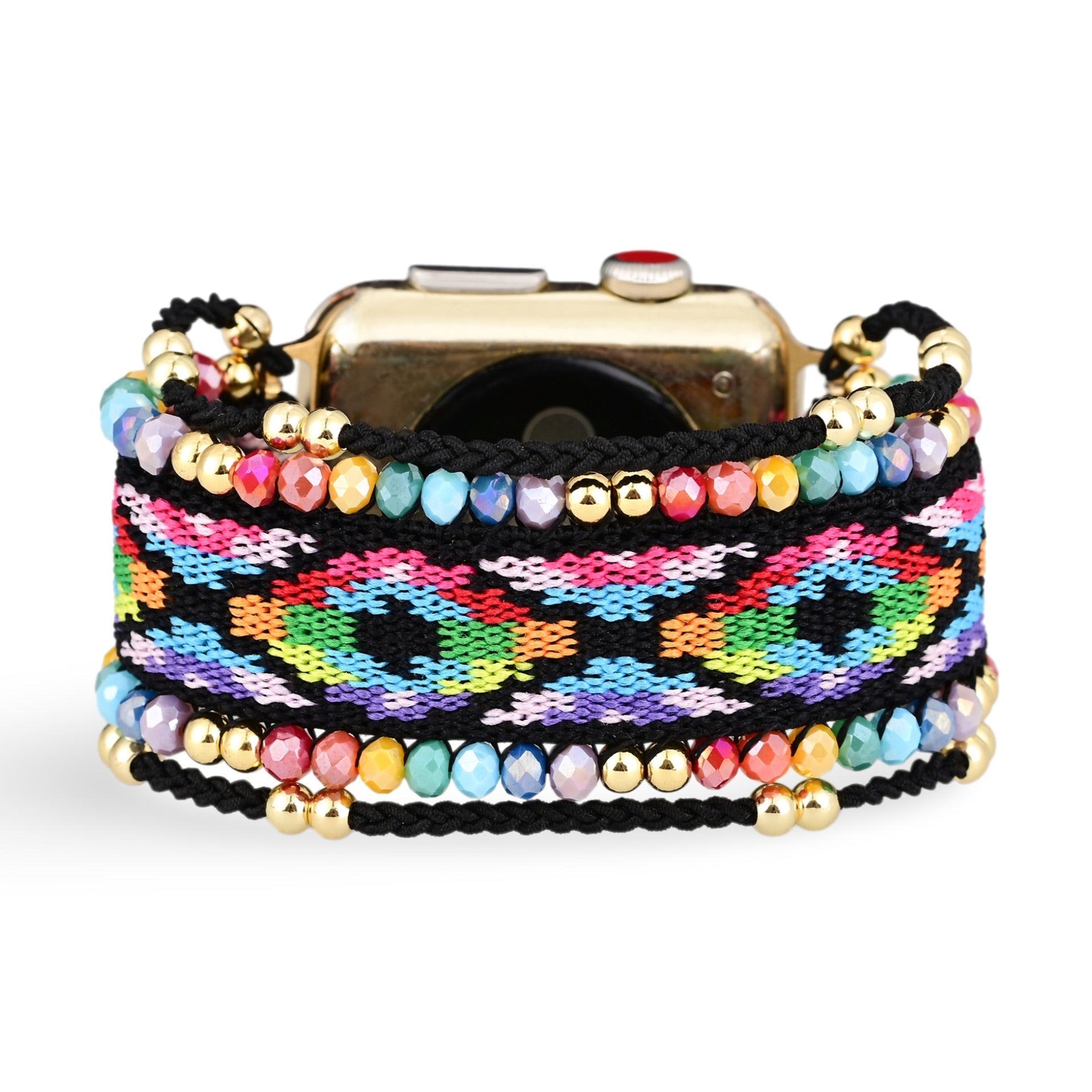 Bracelet Apple Watch femme en nylon multicolore avec motifs géométriques et détails en cristaux dorés.