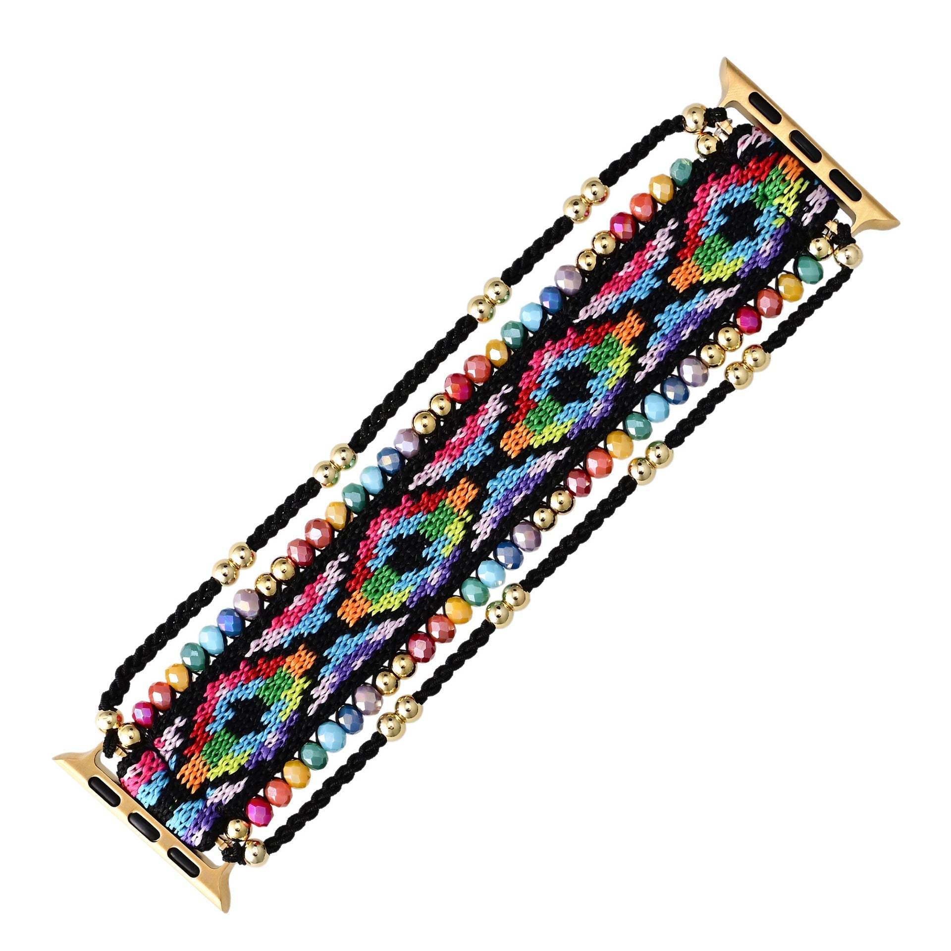 Bracelet Apple Watch en nylon multicolore orné de cristaux et perles blanches, fermoir doré.