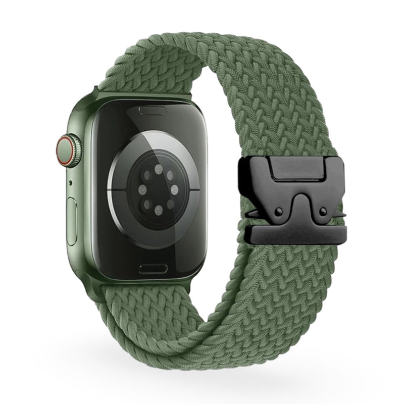 Bracelet Apple Watch en nylon vert avec boucle tactique noire, taille ajustable, style tressé.