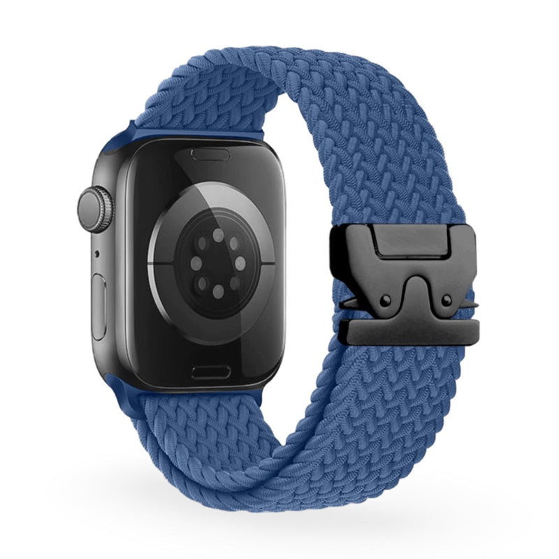 Bracelet Apple Watch bleu en nylon tressé avec boucle tactique noire, modèle Raby.