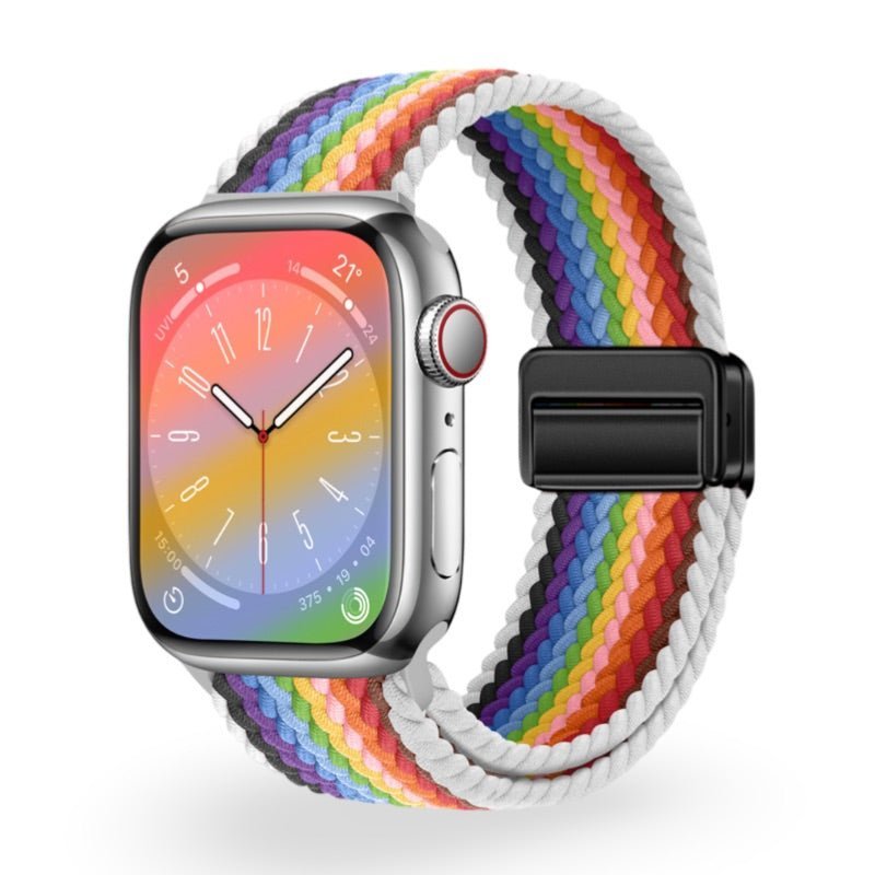 Bracelet Apple Watch en nylon multicolore arc-en-ciel style tressé avec boucle noire.