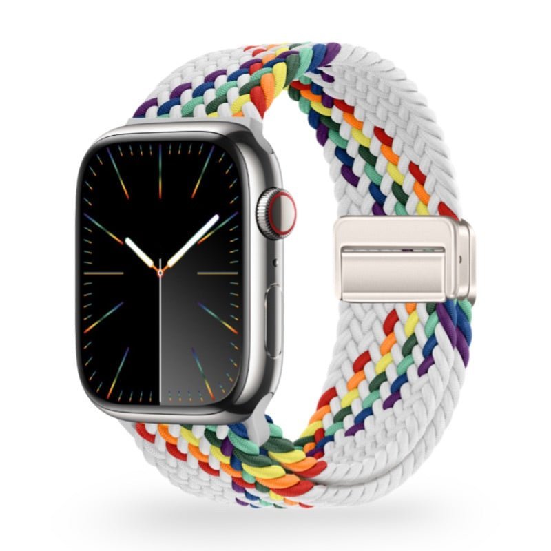 Bracelet Apple Watch en nylon blanc tressé multicolore avec fermoir en métal argenté.