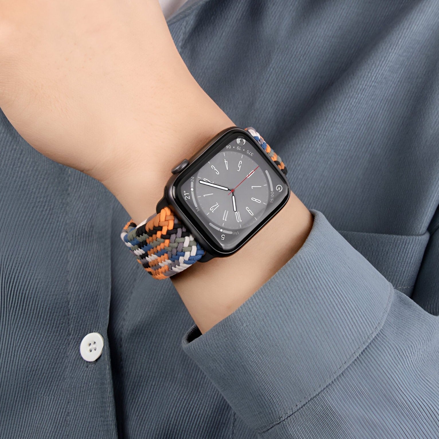 Bracelet Apple Watch en nylon tissé multicolore bleu, orange et noir, style Cypher.