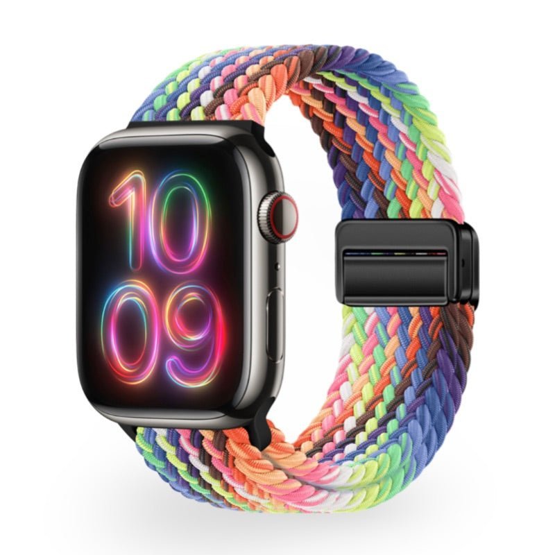 Bracelet Apple Watch en nylon tressé multicolore avec fermoir noir, style Cypher.