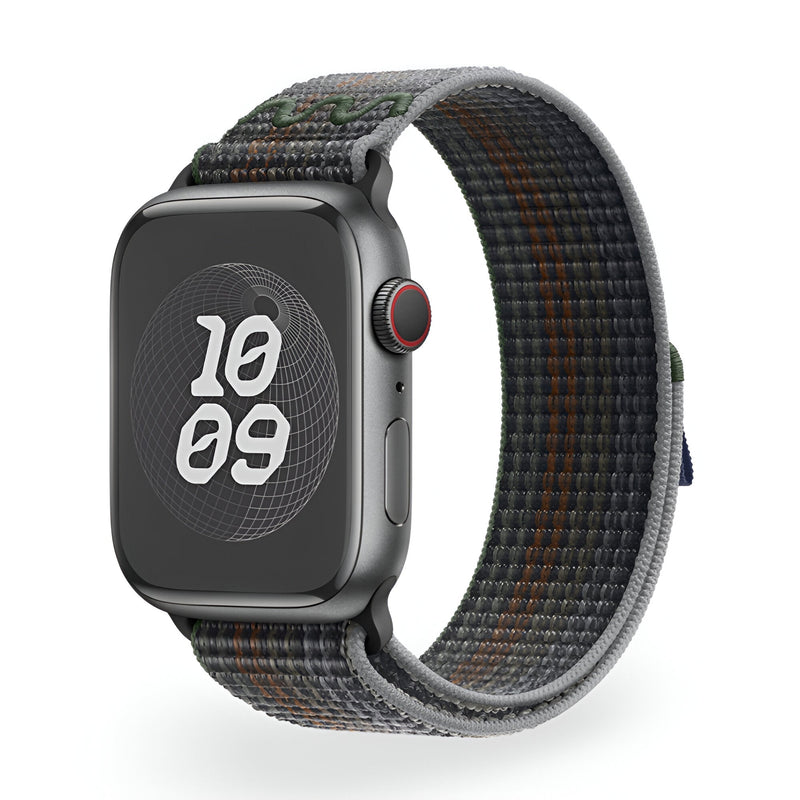 Bracelet Apple Watch en nylon, gris foncé avec motifs orange, boucle réglable, taille 38-42 mm.
