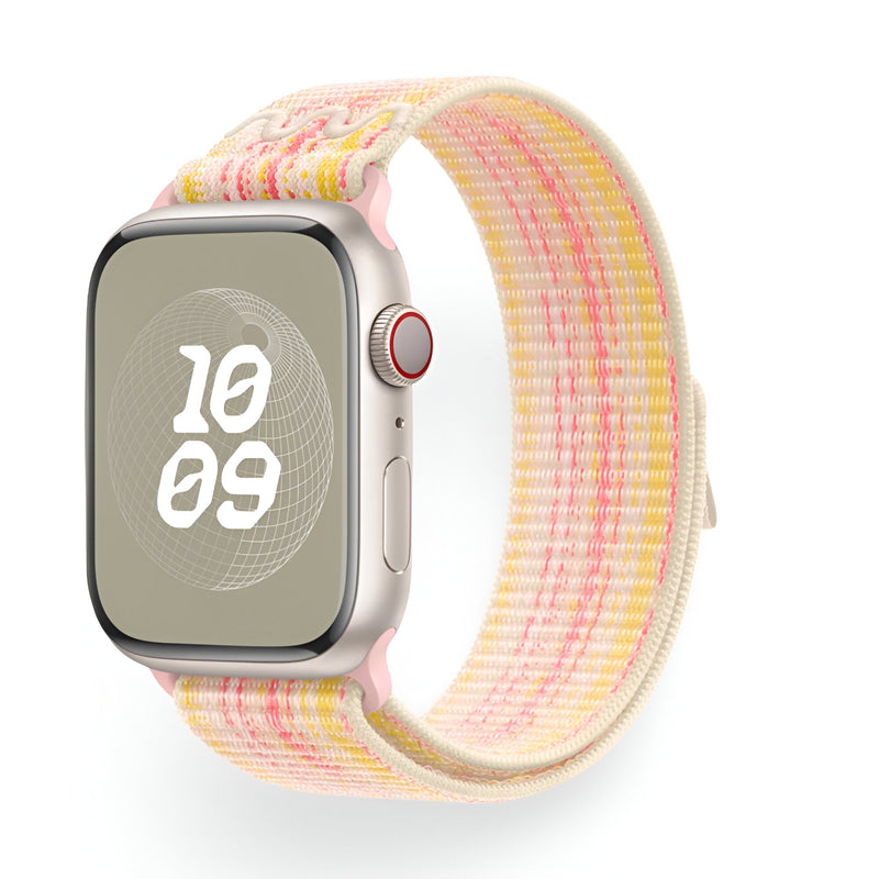 Bracelet en nylon doux blanc, rose et jaune pour Apple Watch, boucle ajustable, style Marix.
