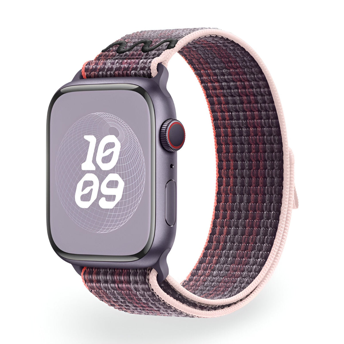 Bracelet Apple Watch en nylon tissé à motifs bleu, rose et jaune, bordure rose pâle, modèle Marix.