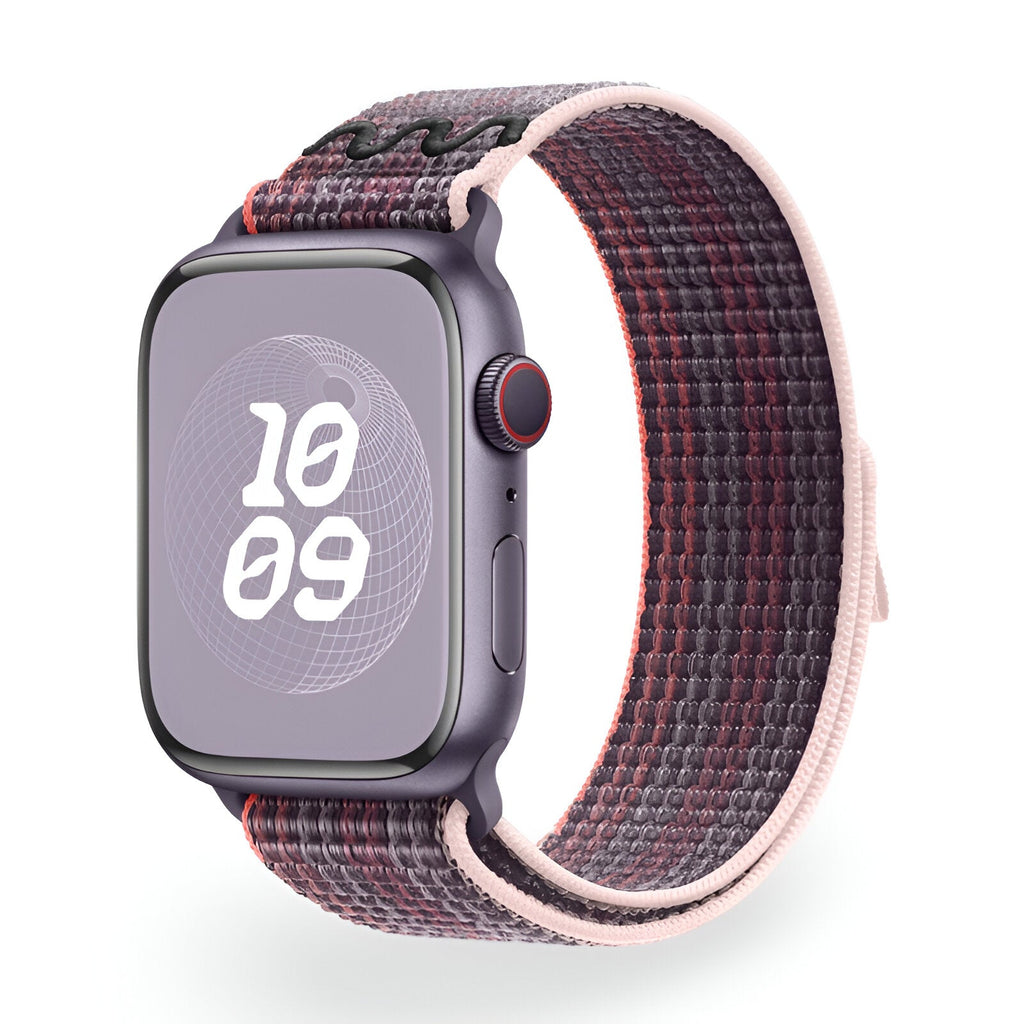 Bracelet Apple Watch en nylon tissé à motifs bleu, rose et jaune, bordure rose pâle, modèle Marix.