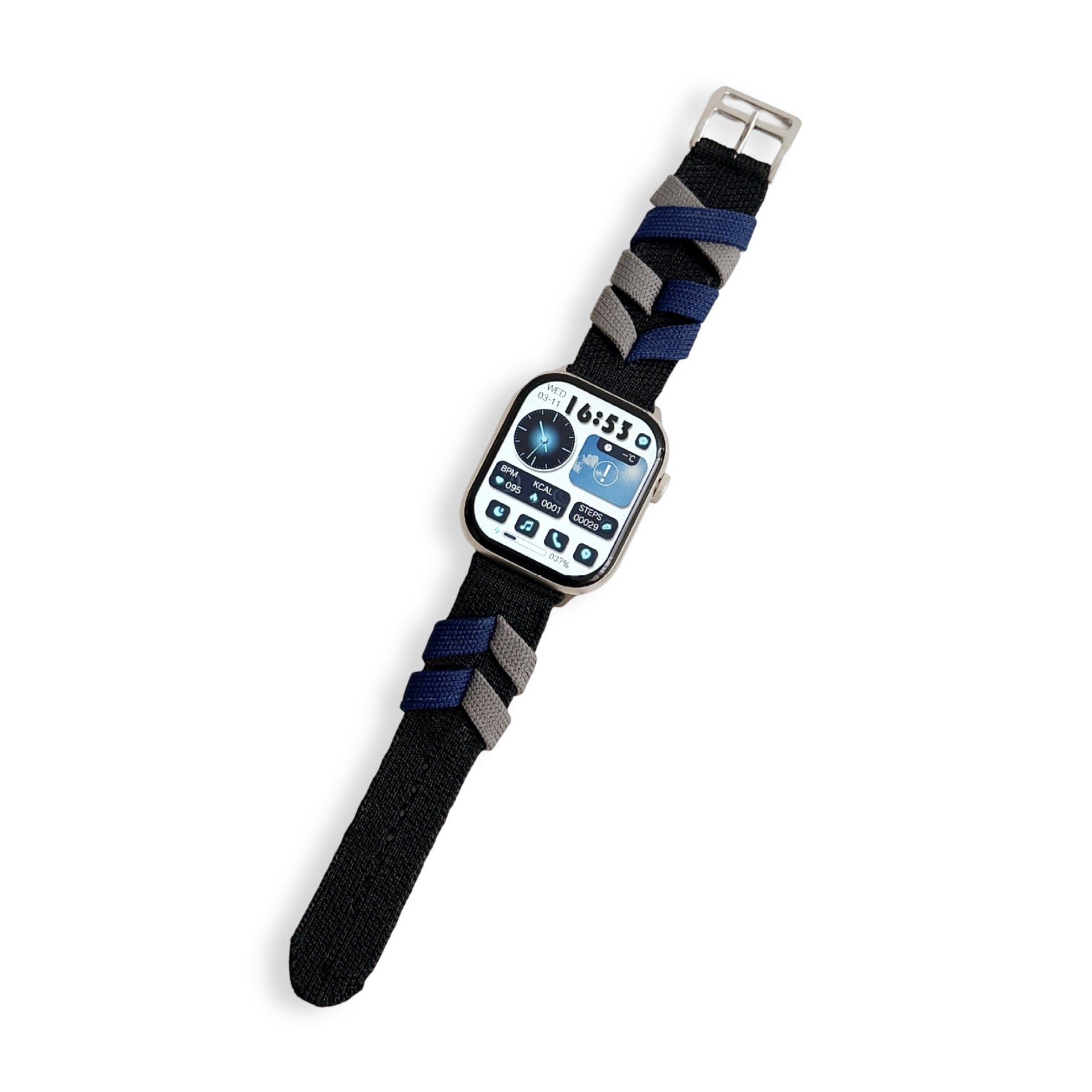 Bracelet Apple Watch nylon noir et bleu à motif tressé, boucle métallique argentée.