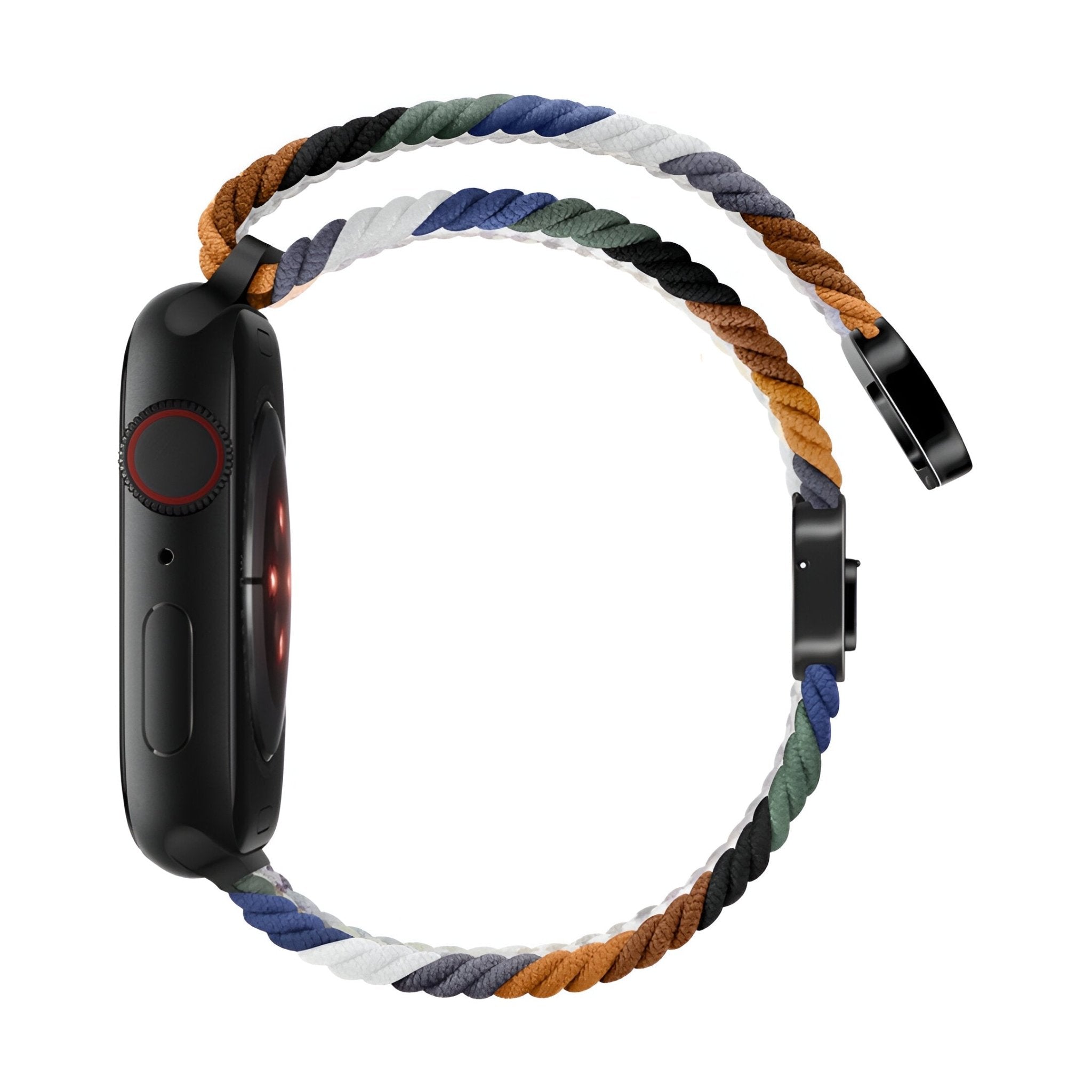 Bracelet Apple Watch en nylon tressé multicolore bleu, blanc, vert, noir et orange, modèle Nyxan.
