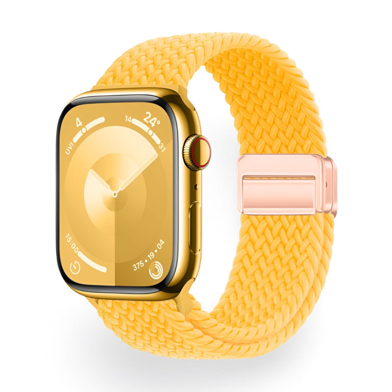 Bracelet Apple Watch en nylon jaune tressé, fermoir magnétique rose pâle, modèle Xylon.