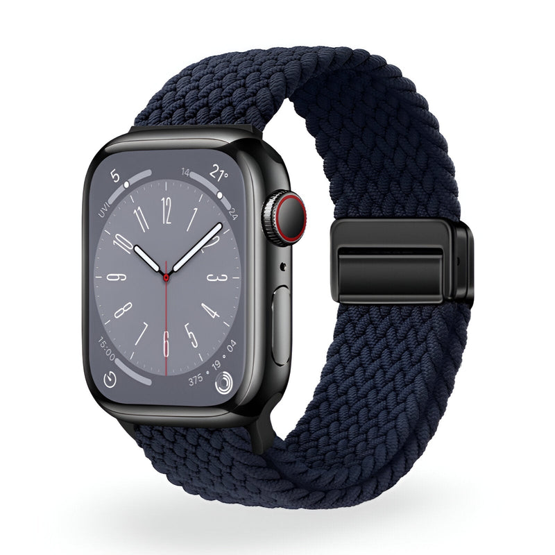 Bracelet Apple Watch en nylon bleu nuit tressé avec fermoir noir pour tailles 38 à 42 mm.