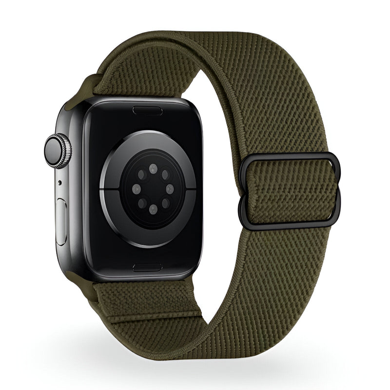 Bracelet Apple Watch en nylon vert olive, modèle Zyra, boucle noire ajustable, taille 38-42 mm.