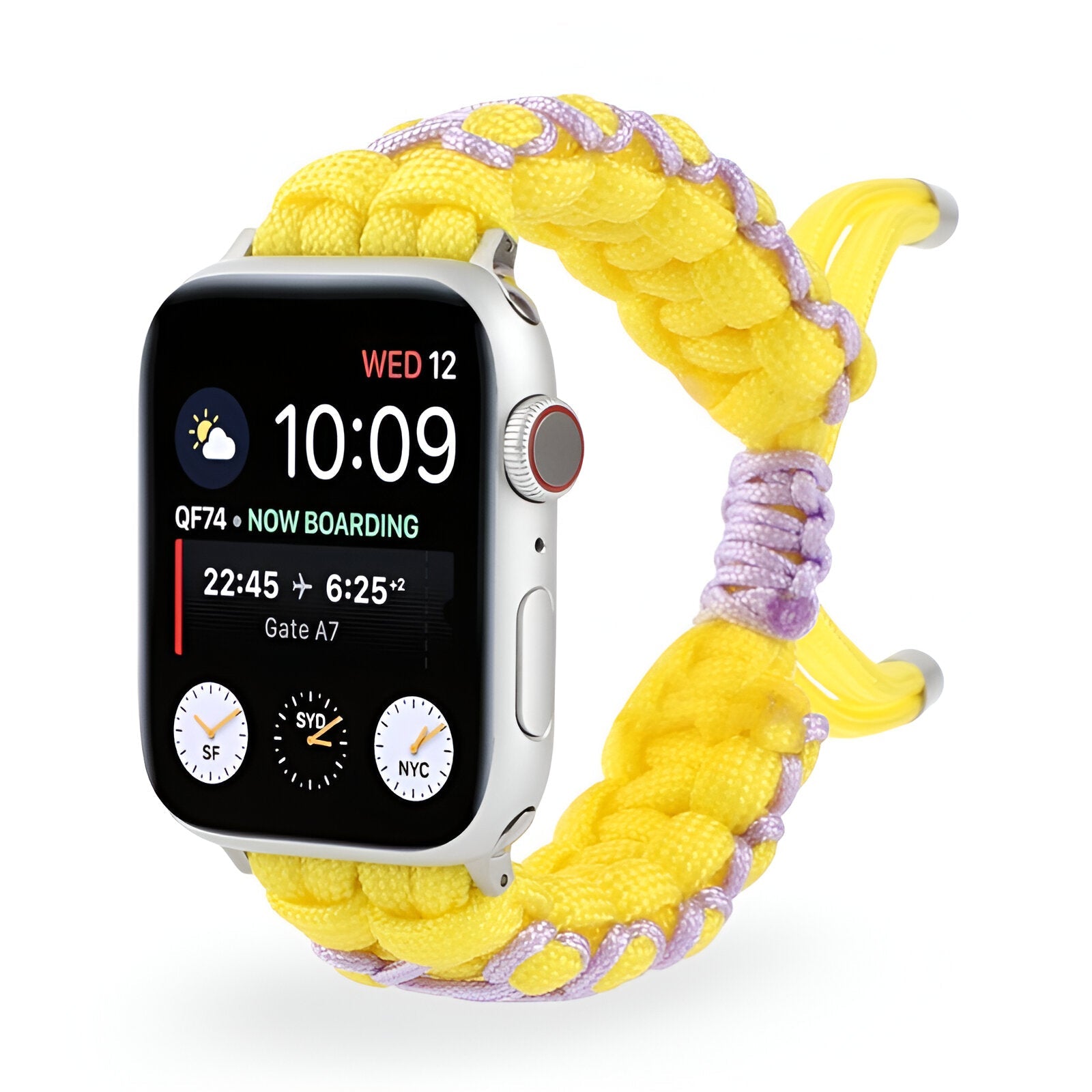 Bracelet Apple Watch en nylon jaune et lavande tressé, adapté pour 38 à 42 mm.