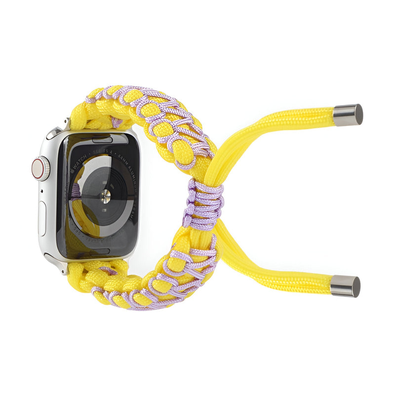 Bracelet Apple Watch en nylon jaune et lavande tressé ajustable pour 38 à 42 mm.