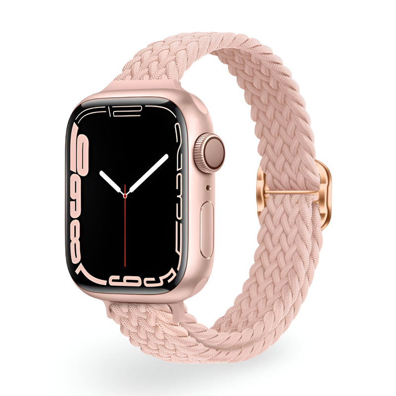 Bracelet Apple Watch en nylon tressé beige clair, élégance féminine, taille ajustable pour 38-42 mm.