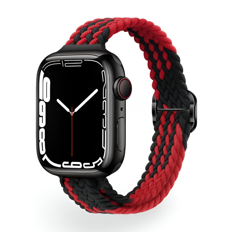 Bracelet Apple Watch en nylon tressé rouge et noir pour femme, style Jax, taille 38-42 mm.