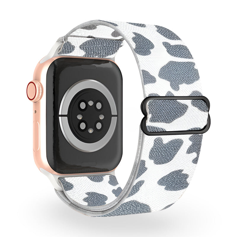 Bracelet Apple Watch en nylon blanc avec motif gris abstrait, pour femme.