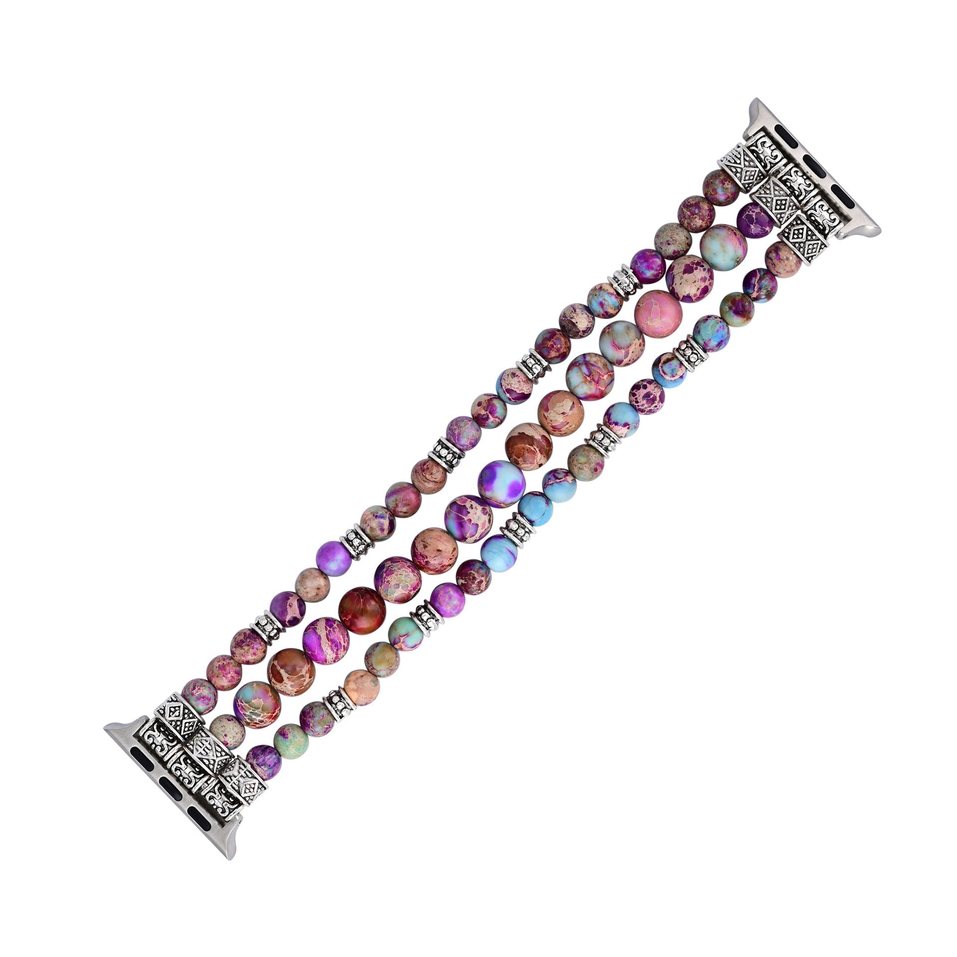 Bracelet Apple Watch Bria en pierres naturelles multicolores à triple rangée avec connecteurs argentés.