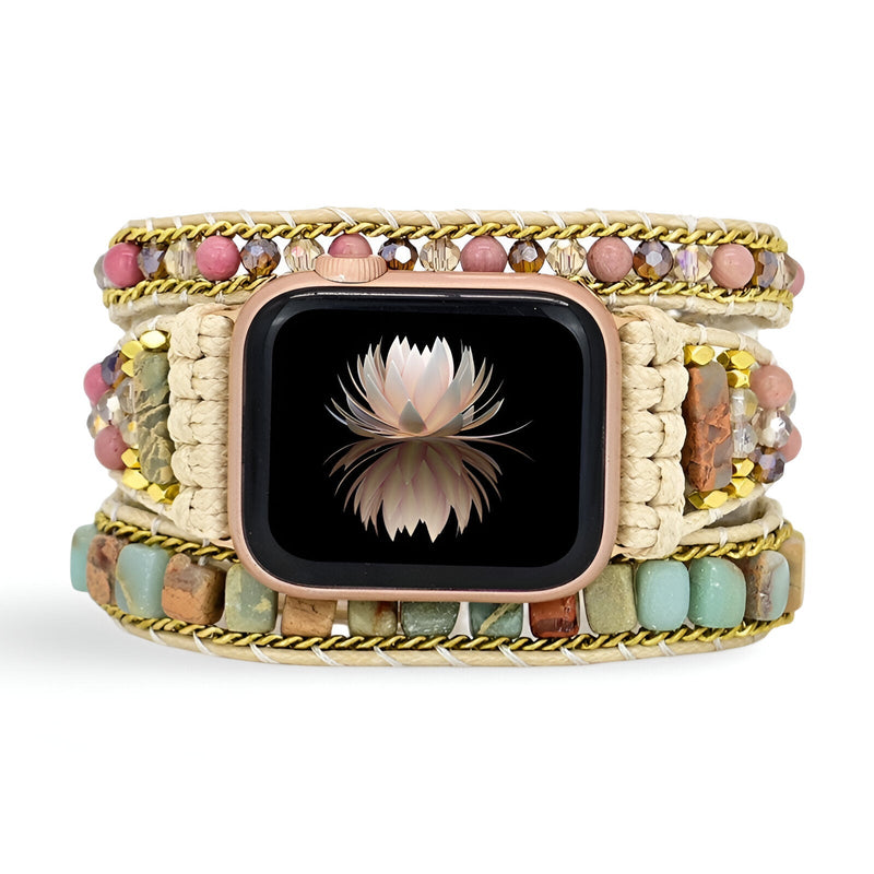 Bracelet Apple Watch femme motif pierre naturelle multicolore avec chaînes dorées taille 38-42 mm.