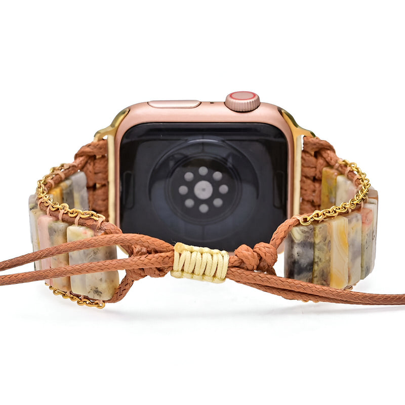 Bracelet Apple Watch femme en agate multicolore, cordon tressé marron et chaînes dorées, réglable.