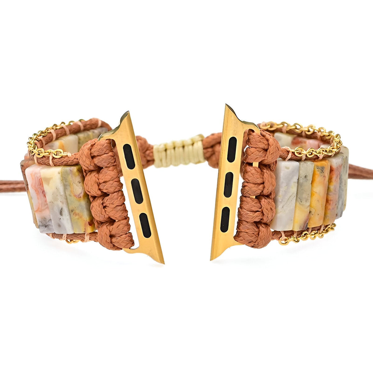 Bracelet Apple Watch multicolore en pierres d'agate polies, corde tressée marron, fermoir doré ajustable.