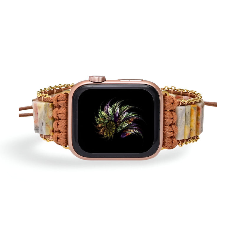 Bracelet Apple Watch femme en pierres d'agate multicolores et corde marron tressée.