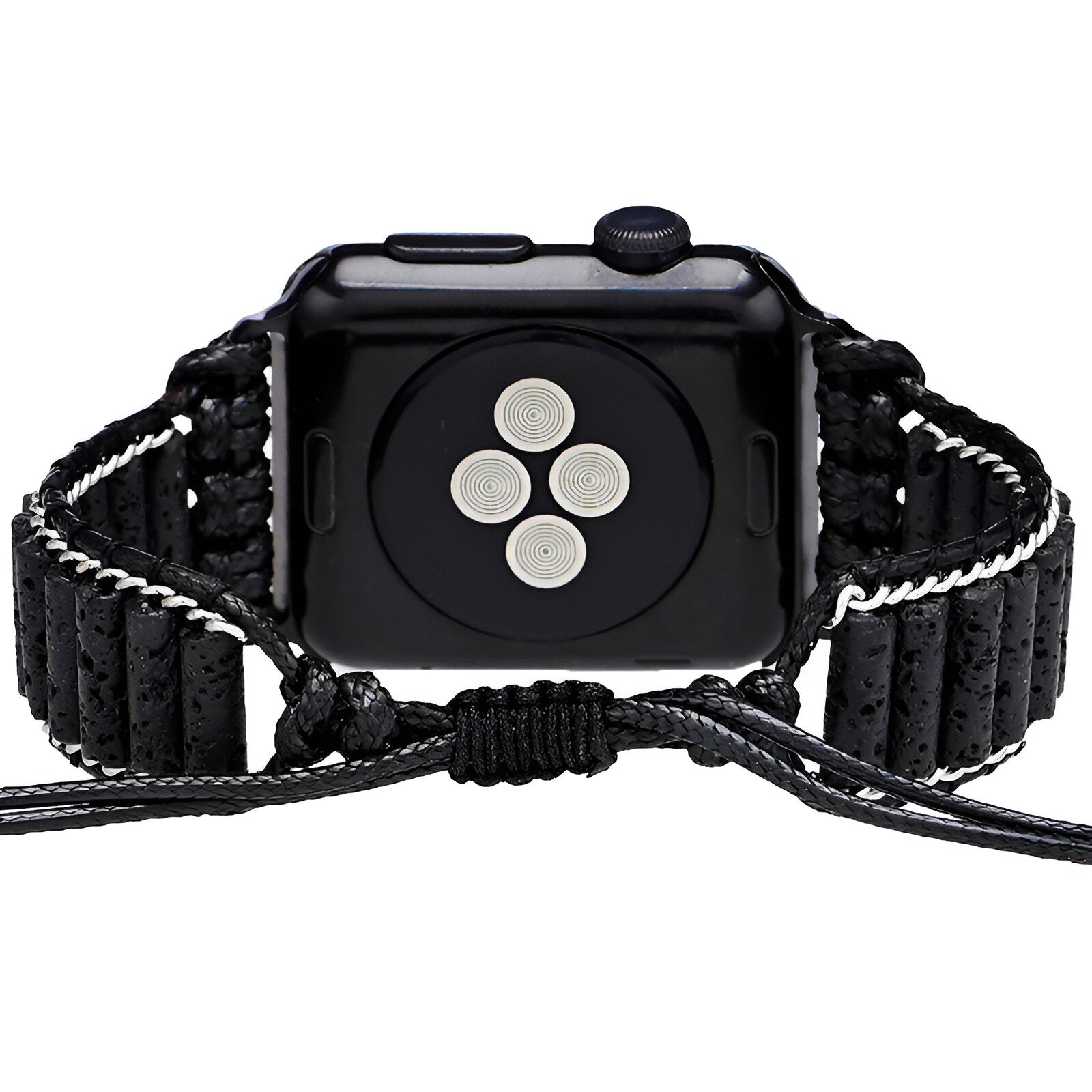 Bracelet Apple Watch en pierres volcaniques noires avec tressage ajustable et finition argentée.