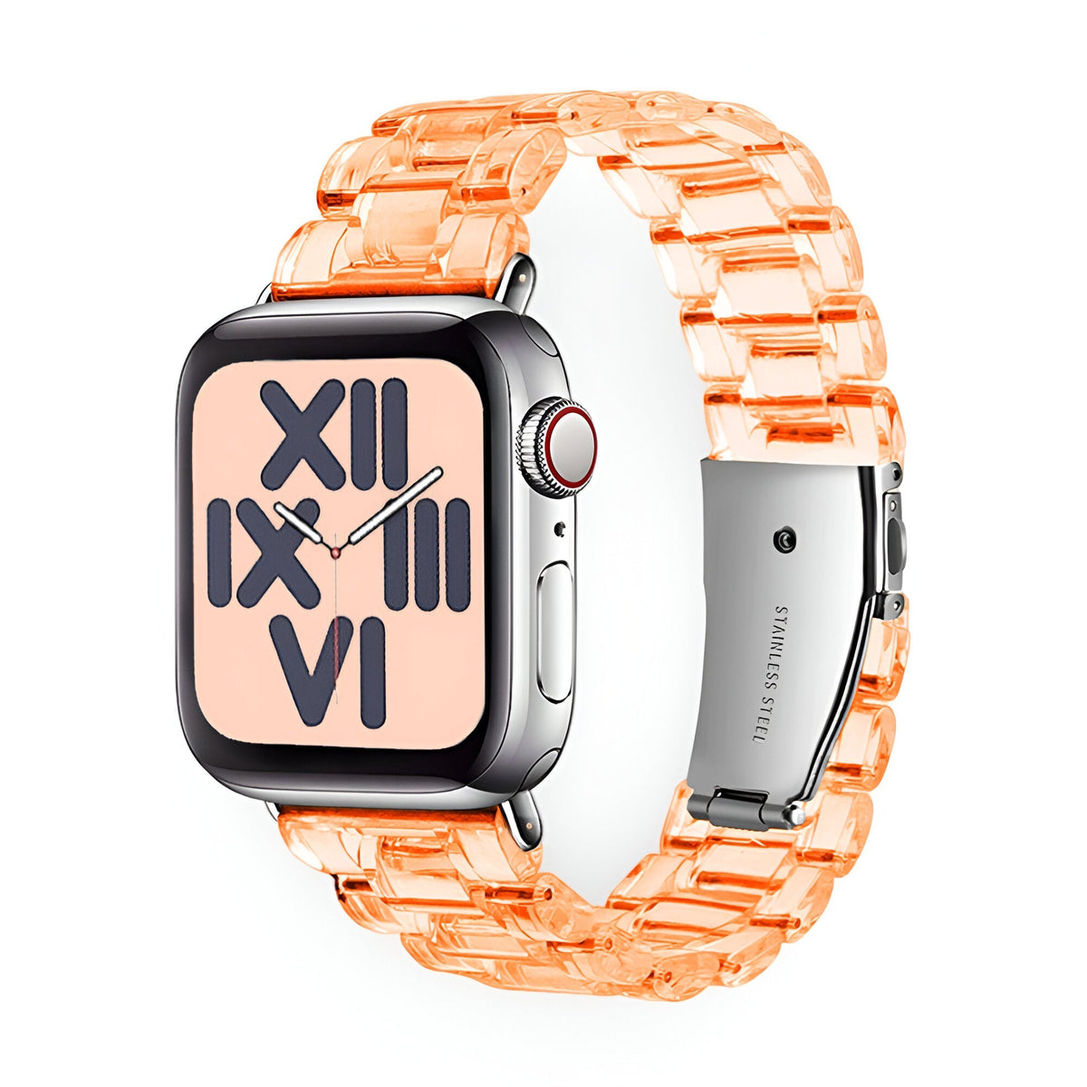 Bracelet Apple Watch en résine transparente orange, style maillons pour femme, modèle Mirai.