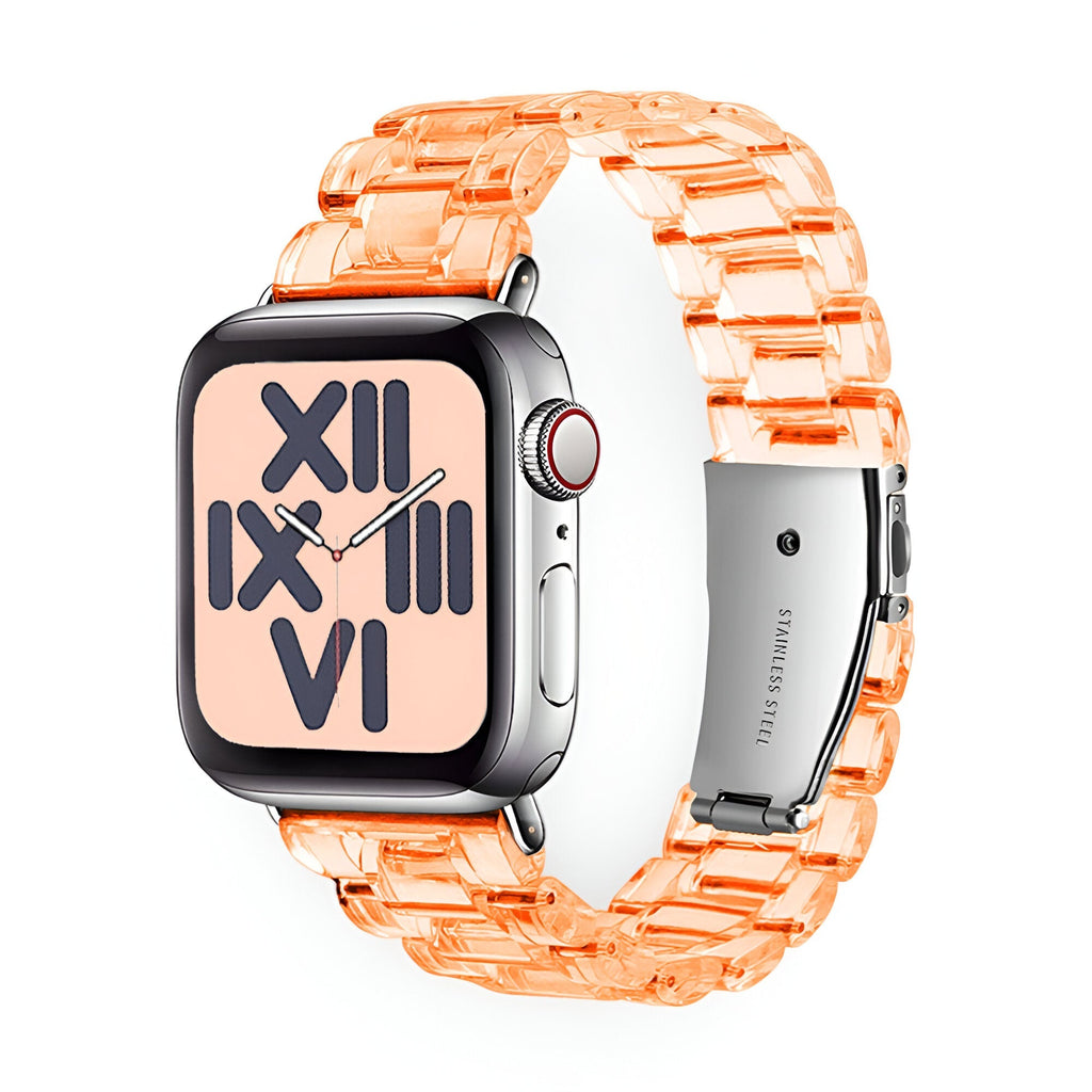 Bracelet Apple Watch en résine transparente orange, style maillons pour femme, modèle Mirai.