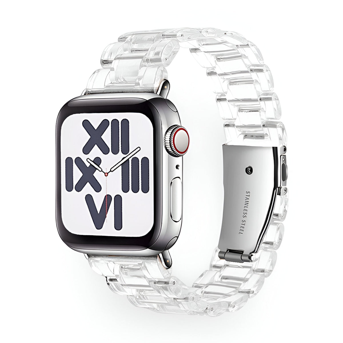 Bracelet Apple Watch en résine transparente pour femme, modèle Mirai, élégant et moderne.