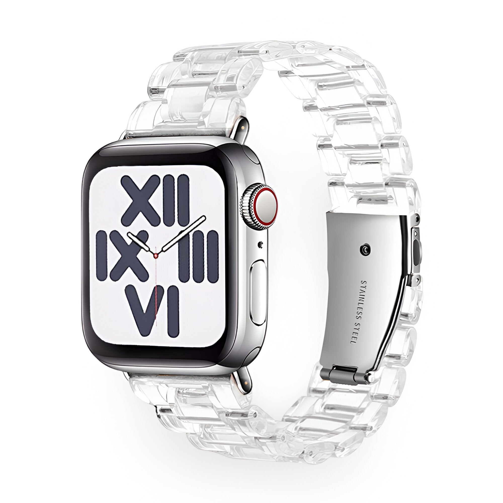 Bracelet Apple Watch en résine transparente pour femme, modèle Mirai, élégant et moderne.