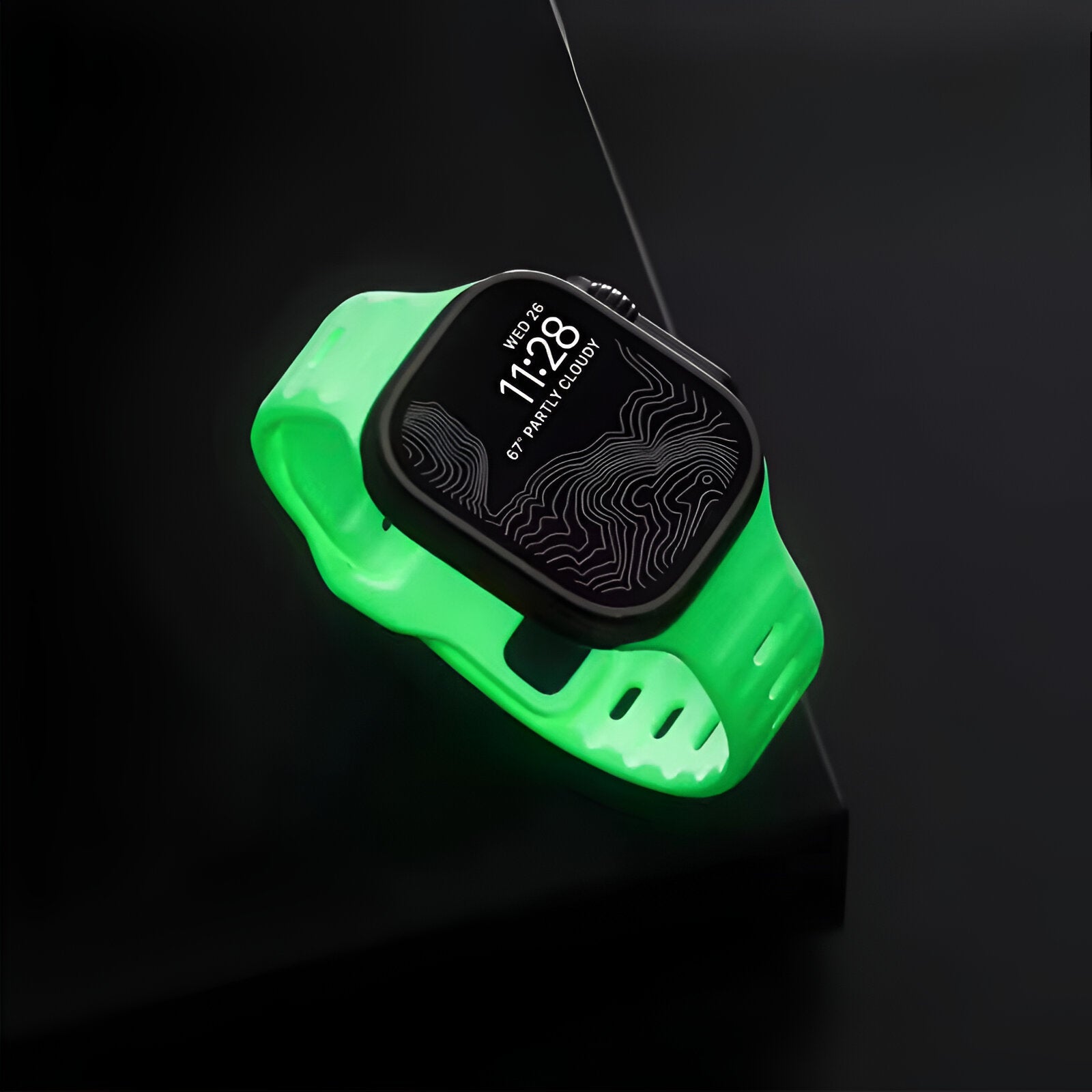 Bracelet Apple Watch en silicone phosphorescent vert lumineux pour homme, modèle Kelan, taille ajustable.