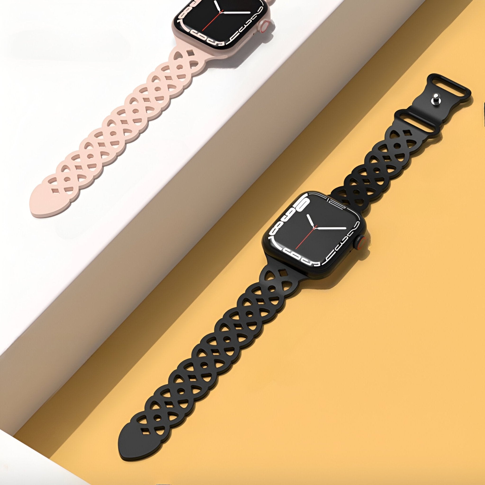 Bracelet Apple Watch silicone noir à maillons entrelacés, modèle Astra, style unisexe .