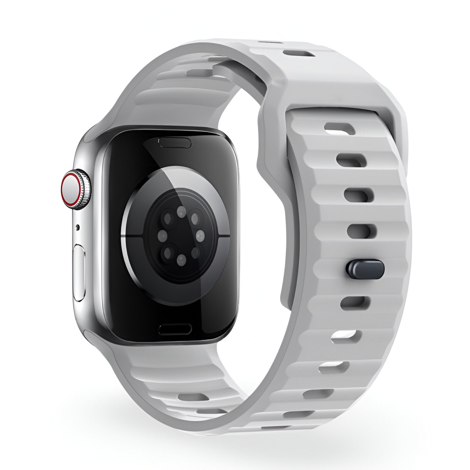 Bracelet Apple Watch en silicone gris clair avec bouton de réglage noir, style Kylix.